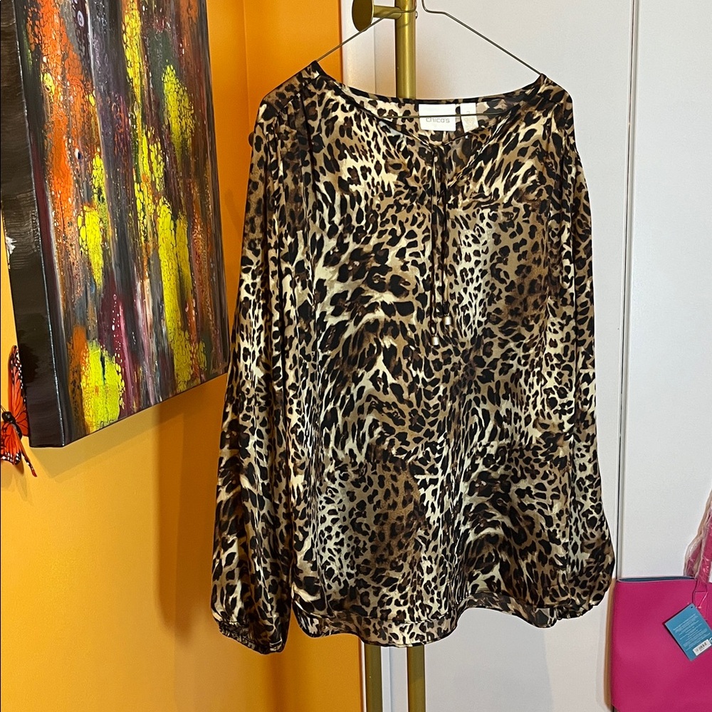 Chico's Leopard Print Satin-Look Long Sleeve Blouse - Brown Black Cream